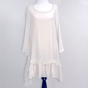 Christian Caliendo Cream Long Sleeve Flower Appliqué Tunic Midi Dress Size Small